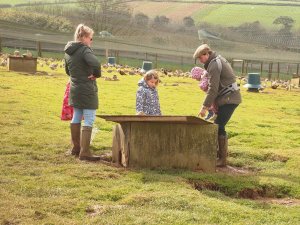 grandchildren collecting pheasant eggs