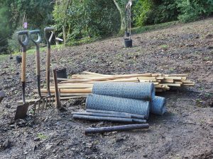 stakes, tree guards and rabbit netting